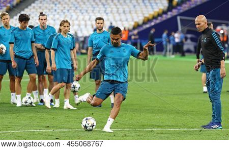 Kyiv, Ukraine - May 25, 2018: Casemiro Of Real Madrid Kicks A Ball During Training Session Before Ue