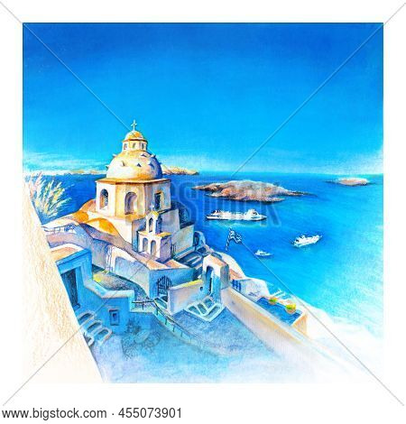 Watercolor Sketch Of Fira, Modern Capital Of The Greek Aegean Island, Santorini