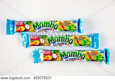 May 4, 2021. New York. Colorful Packets Of Mamba Chewable Candy Isolated On A White Background.