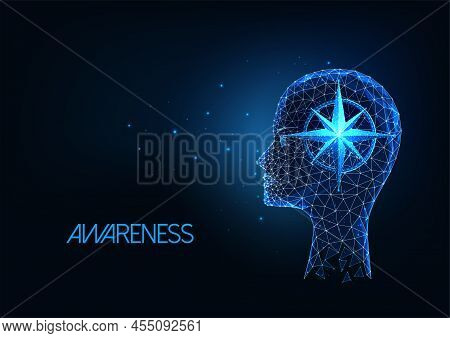 Futuristic Awareness, Contemplation, Integrity Concept With Glowing Human Head And Compass Inside