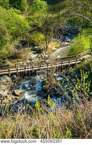 View From Kamysh Waterfall At Sunset Light, Spring Time In The Altai Republic, Siberia, Russia