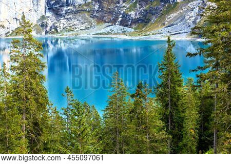 Oeschinensee Lake In Switzerland In Summer, Lamdscape Photography, Crystalic Blue Water, Trees