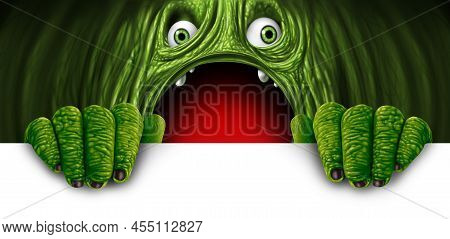 Green Monster Sign As An Alien Creature With An Open Mouth As A Funny Creepy Ogre Or Scary Demon Wit