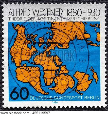 Germany, Berlin - Circa 1980: A Postmark Germany, Shows Showing Continental Drift. And Alfred Wegene
