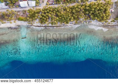 Aerial View Of Coral Reef Landscape With Palm Trees At Tropical Beach Island Of Fuvahmulah, A Famous