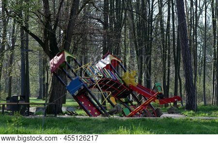 Vorzel, Bucha District, Kyiv Region, Ukraine - April 29, 2022: A Playground In The Park, Destroyed B
