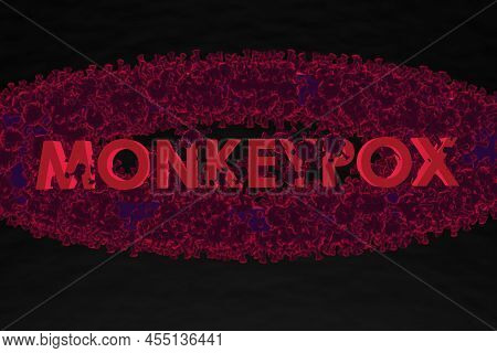 Monkey Pox - Word With Cells Or Molecules Of The Virus Macro On A Dark Red Background. 3d Render.