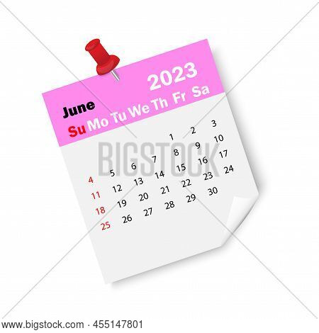 Raspberry Calendar June 2023 With Pin. Calendar Reminder 2023. Business Plan Schedule. Vector Illust