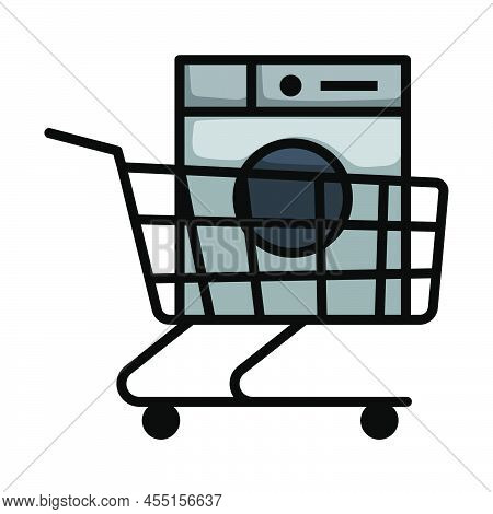 Shopping Cart With Washing Machine Icon. Editable Bold Outline With Color Fill Design. Vector Illust