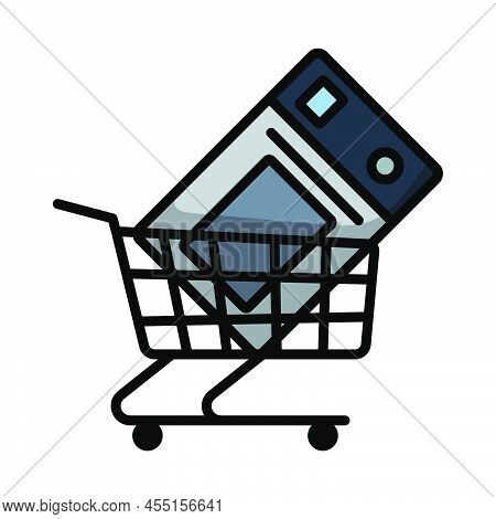 Shopping Cart With Microwave Oven Icon. Editable Bold Outline With Color Fill Design. Vector Illustr
