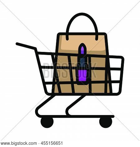 Shopping Cart With Bag Of Cosmetics Icon. Editable Bold Outline With Color Fill Design. Vector Illus