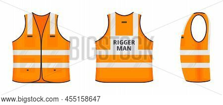 Safety Reflective Vest With Label Rigger Man Tag Flat Style Design Vector Illustration Set. Orange F