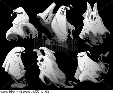 Ghosts, Cartoon Halloween Characters. Funny Spooks Creatures Different Emotions Set. Spooky Spirits 