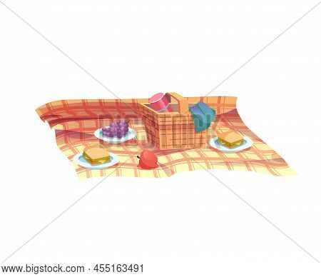 Vector Cartoon Flat Picnic Scene, Basket With Thermos, Fruits And Sandwiches On Blanket Isolated On 