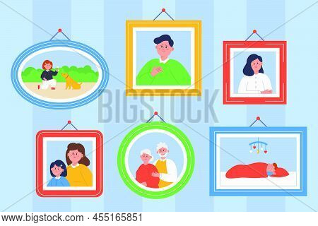 Family Photos In Frames Hanging On Wall Flat Vector Illustration. Portraits Of Grandparents, Mother 