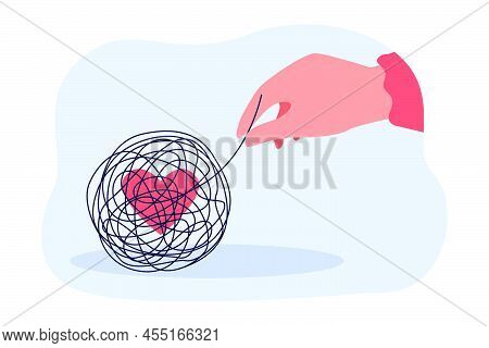 Hand Untangling Tangle Around Heart. Person Finding Solution To Problems In Love Life Flat Vector Il