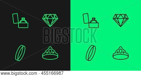 Set Line King Crown, Wedding Ring, Diamond Engagement Box And Icon. Vector