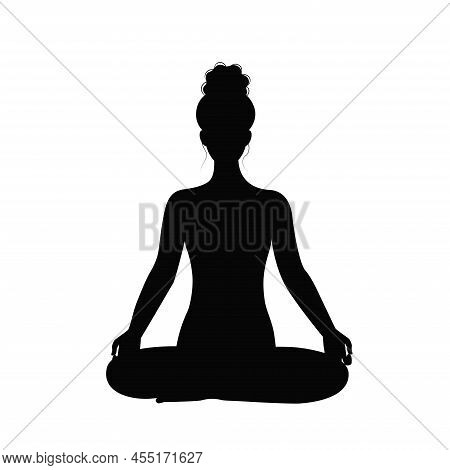 Silhouette Girl Sitting In Lotus Position Isolated Vector Illustration. Woman Doing Yoga Black Shado