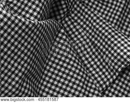 Lightweight Fabric With A Check Pattern. Black And White Background With Fabric. Place For Text. Bac