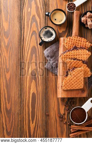 Coffee And Dutch Waffles. Espresso Coffee And Dutch Waffles Or Syrupwaffles Cookies With Chocolate O