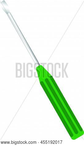 Green Color Screw Driver. On White Background