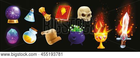 Magic Game Icon Set, Vector Witch Fantasy Ui Element, Iron Wizard Cauldron, Old Spell Book, Potion. 
