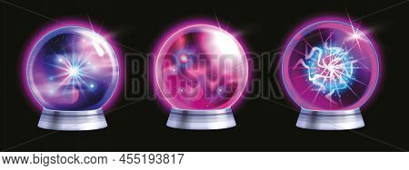 Magic Crystal Ball Vector Set, Witch Fortune Sphere, Glass Energy Purple Globe 3d Neon Light Circle.