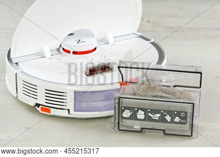 Tallinn, Estonia - March 03, 2022: Xiomi S7robot Vacuum Cleaner Water Tank Removed And The Filter Li