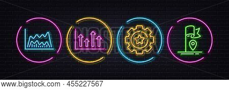 Settings Gear, Trade Chart And Upper Arrows Minimal Line Icons. Neon Laser 3d Lights. Flag Icons. Fo