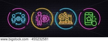 Engineering Team, Online Chemistry And Cogwheel Minimal Line Icons. Neon Laser 3d Lights. Star Ratin