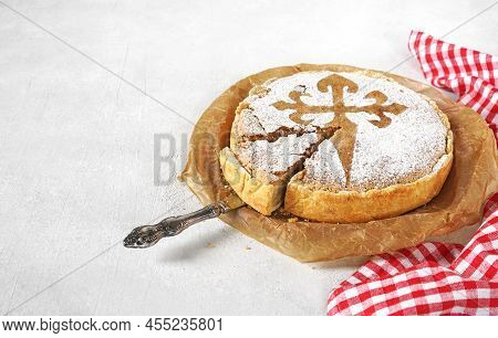 Tarta De Santiago And Peace, Spanish Almond Cake, Copy Space