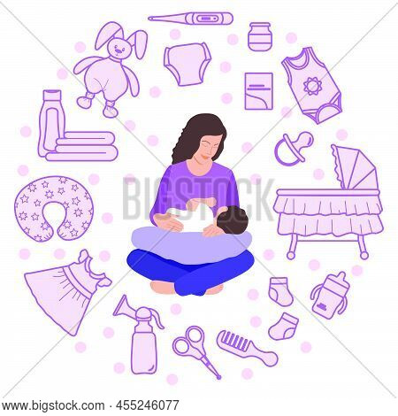 Vector Illustration Baby Care Items. Motherhood Happy New Mom Holds Her Baby. Woman Hugs Infant. Fee