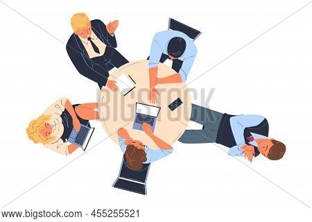 Teamwork With Office Worker Brainstorming At Round Table Discussing Project Above View Vector Illust