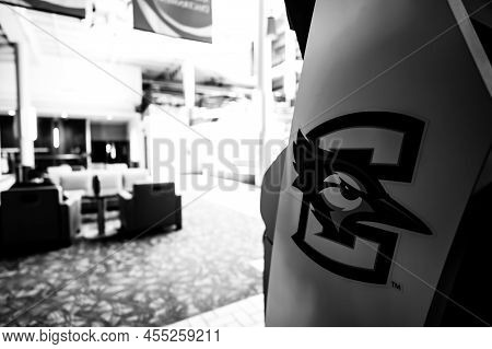 Omaha, Nebraska, Us - 5.2022 - Blujay Mascot Of Creighton University On The Side Of A Building.