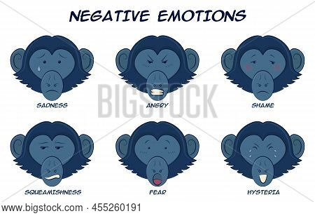 Set Of Cartoon Monkeys With Negative Emotions