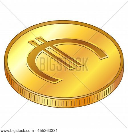 Gold Coin With Eur Currency Sign Of European Union In Isometric Top View Isolated On White Backgroun