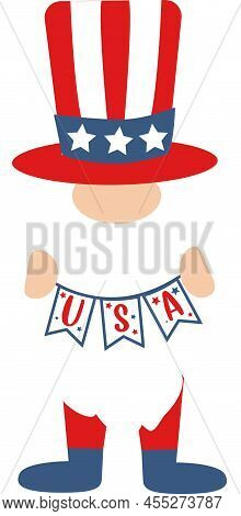 Patriotic American Gnome. Cute Scandinavian Dwarf With Flag Usa.