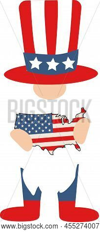 Patriotic American Gnome. Cute Scandinavian Dwarf With Map Of The Usa.