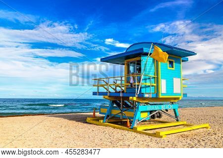 Lifeguard Tower In South Beach, Miami Beach In A Sunny Day, Florida