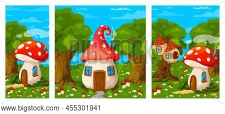 Game Landscape, Cartoon Fairy Mushroom Houses Or Gnomes Town, Vector Background. Fairy Tale Village 
