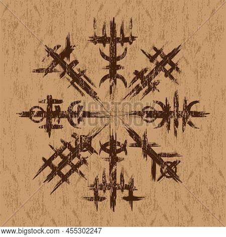 Brown Grunge Background Of Viking Wooden Shild. Scandinavian And Icelandic Ink Symbol Of Power