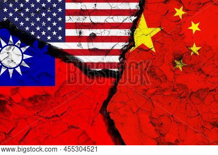 Flag Of Usa And China On Cracked Wall Texture Background. Concept Of Crisis Between China Ant Taiwan