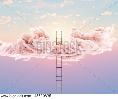 A Surreal Concept Of A Regular Aluminium Ladder Pushing Through A Fluffy Cloud On A Peach Sky Backgr