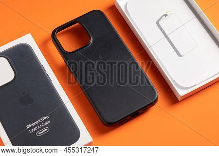 Antalya, Turkey - May 26, 2021: Newly Designed Midnight Black Magsafe Leather Case For Apple Iphone 