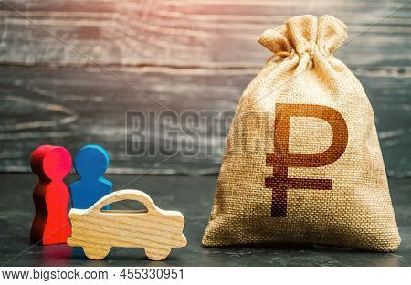 Couple Figurines And Russian Ruble Money Bag. Transport Policy. Budget. Social Research, Consumer Pr
