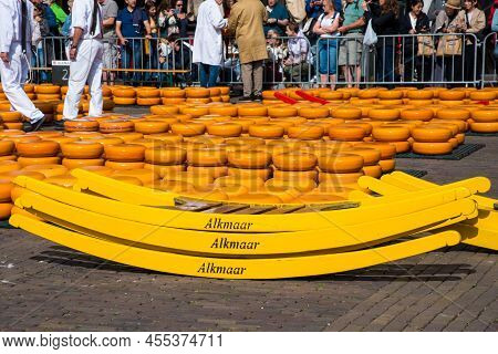 Alkmaar, Netherlands, May 2022. The Cheese Bars At The Alkmaar Cheese Market.