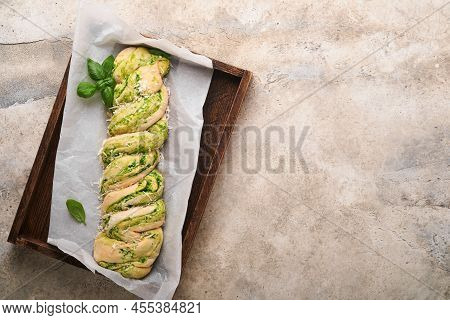 Braided Wild Garlic Pesto Brioche. Homemade Raw Or Uncooked Fresh Pull Apart Bread With Wild Garlic 