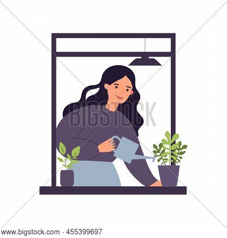 Neighbor Woman Life Through Open Window. Housemates Hugging, Watering Houseplants, Drinking Morning 