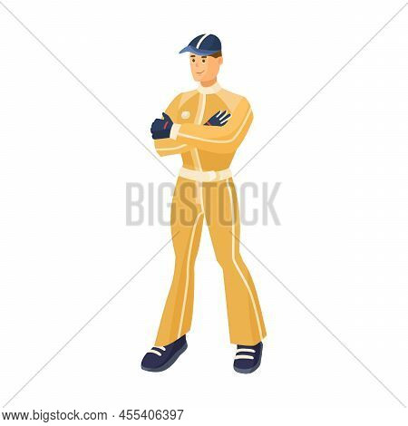F1 Race Winner. Vector Illustration Of Driver In Uniform, Medals For Victory. Cartoon Racer Characte