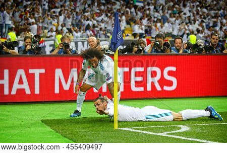 Kyiv, Ukraine - May 26, 2018: Gareth Bale And Marcelo Of Real Madrid React After Bale Scored 2nd Goa